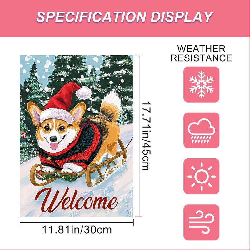 BlissYard علم حديقة الشتاء مرحبًا 12x18 بوصة مزدوج الجوانب مع كلب كورجي لطيف يتزلج علم حديقة عيد الميلاد مرحبًا في الهواء الطلق لافتة فناء للزينة الموسمية - Image 4